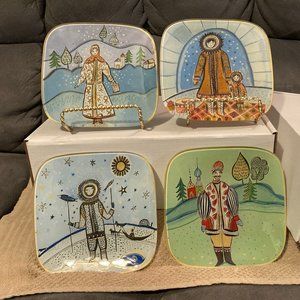 VTG Fragonard Parfumeur Folk Art Glass Decor Plates-Square Set of 4-5.75" D-EUC